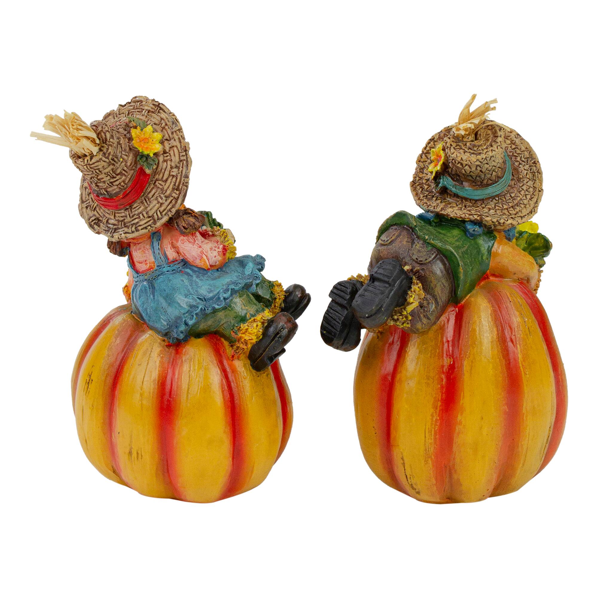 6.5" Girl & Boy Scarecrow Pumpkins Fall Figurines Set